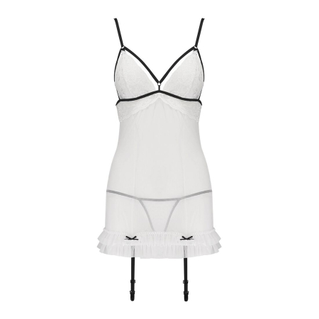 Сорочка прозора з пажами Passion ORIHIME CHEMISE S/M, white, трусики, стрепи - фото №3