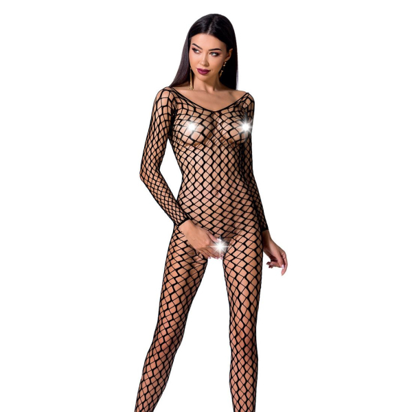 Бодістокінг Passion BS068 black, комбінезон, велика сітка, довгий рукав - фото