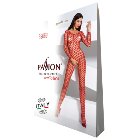 Бодістокінг Passion BS068 red, комбінезон, велика сітка, довгий рукав №5