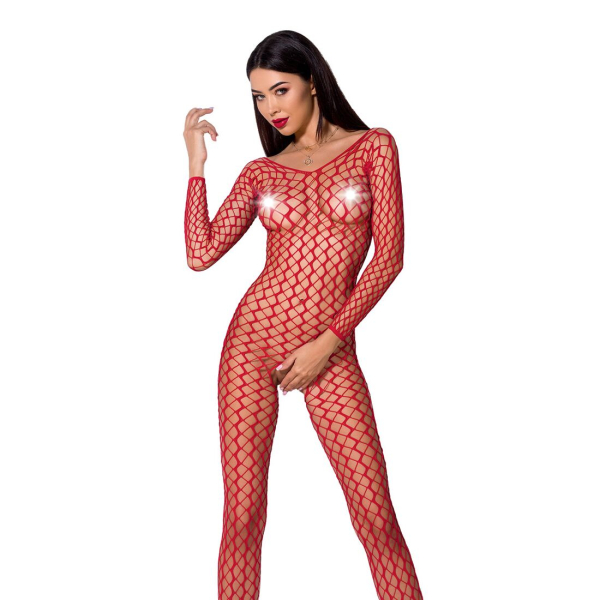Бодістокінг Passion BS068 red, комбінезон, велика сітка, довгий рукав 