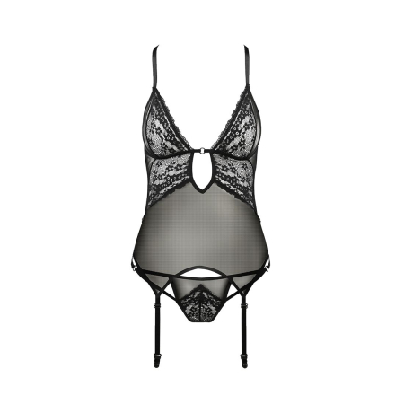 Корсет з декольте Passion ERZA CORSET XXL/XXXL, black, пажі, трусики, напівпрозорий - фото №3