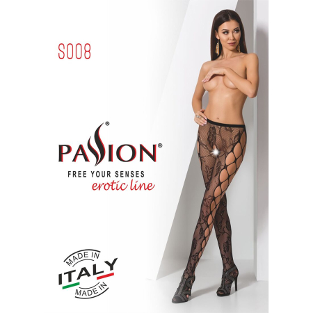 Еротичні колготки-бодістокінг Passion S008 black, ажурні колготки з вирізом та лампасами-сіткою - фото №7