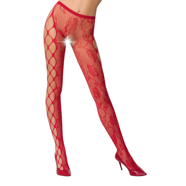 Еротичні колготки-бодістокінг Passion S008 red, ажурні колготки з вирізом та лампасами-сіткою - фото