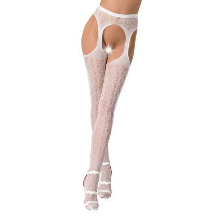 Мереживні колготки-бодістокінги Passion S014 One Size, White, імітація панчіх та пояса з гартерами - фото