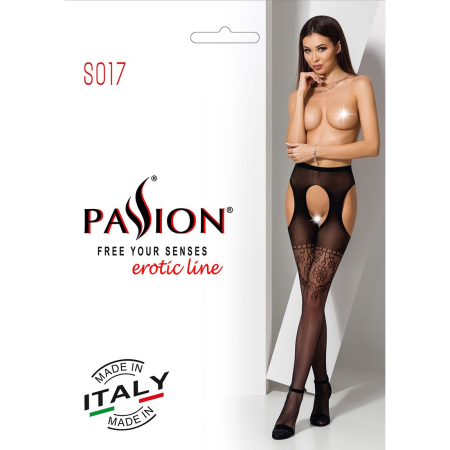 Колготки-бодістокінги з відкритим доступом Passion S017 One Size, Black, імітація панчіх та пояса - фото №7