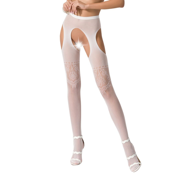 Колготки-бодістокінги з відкритим доступом Passion S017 One Size, White, імітація панчіх та пояса - фото