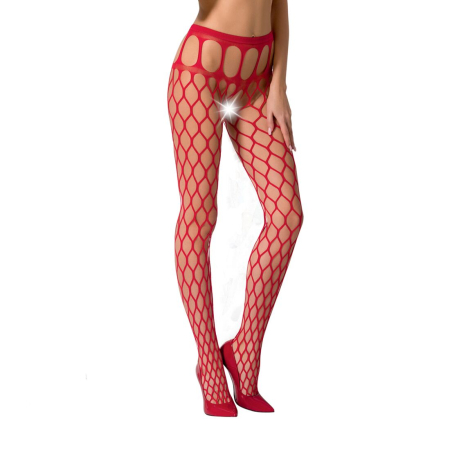 Еротичні колготки-бодістокінг Passion S021 red, в крупну сітку з високим паском - фото
