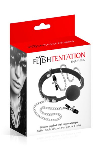 Кляп з силіконовою кулькою і затискачами для сосків Fetish Tentation Gag Ball with Nipple Clamps №2