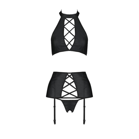 Комплект з еко-шкіри з імітацією шнурівки Passion NANCY SET S/M black топ, трусики, пояс для панчіх №3