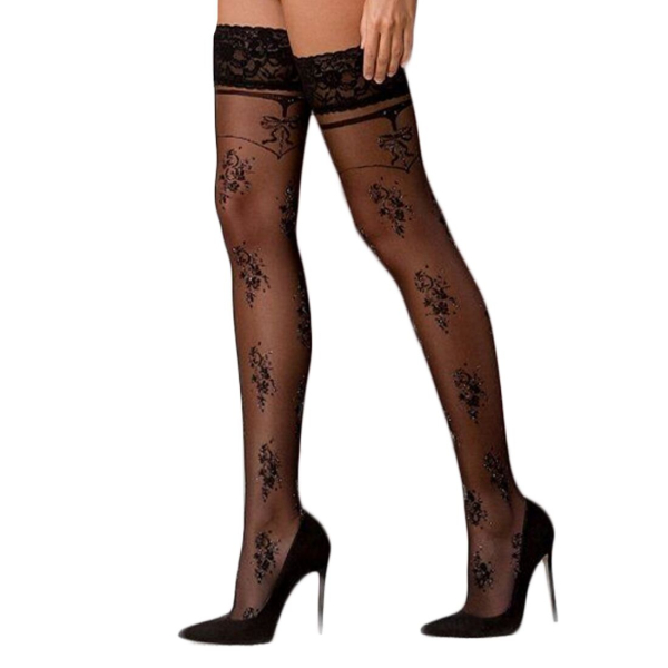 Панчохи Passion ST119 3/4 black, ажурна силіконова резинка з квітковим декором і люрексовою ниткою - фото
