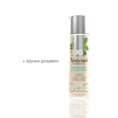Масажна олія JO Naturals Massage Oil Peppermint & Eucalyptus з ефірними оліями (120 мл) - фото №3