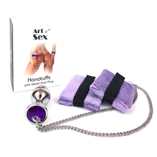Наручники з металевою анальною пробкою Art of Sex Handcuffs with Metal Anal Plug size M Purple - фото