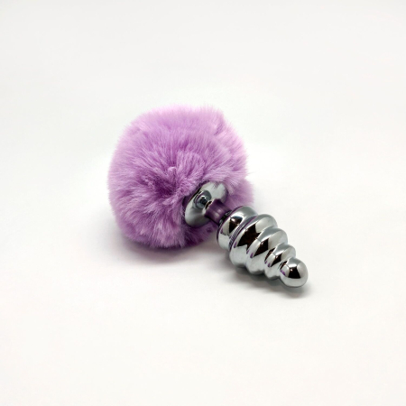 Металева анальна пробка Кролячий хвостик Alive Fluffy Twist Plug M Purple, діаметр 3,4 см - фото №2