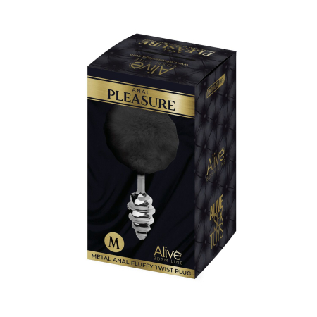 Металева анальна пробка Кролячий хвостик Alive Fluffy Twist Plug M Black, діаметр 3,4 см - фото №3