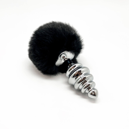 Металева анальна пробка Кролячий хвостик Alive Fluffy Twist Plug L Black, діаметр 3,8 см - фото №2