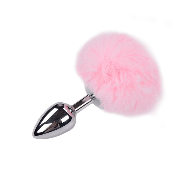 Металева анальна пробка Кролячий хвостик Alive Fluffy Plug M Pink, діаметр 3,4 см 