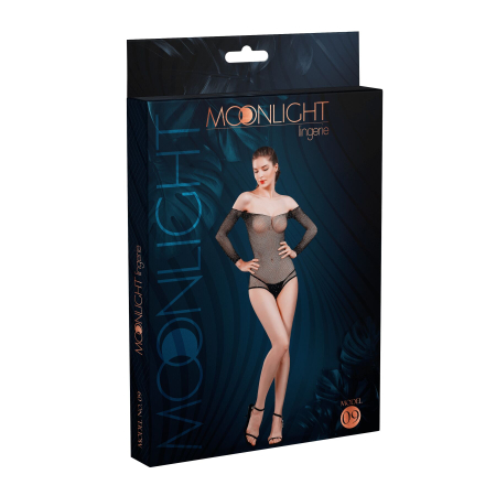 Сітчасте боді зі стразами Moonlight Model 09 XS-L Black, відкриті плечі - фото №3