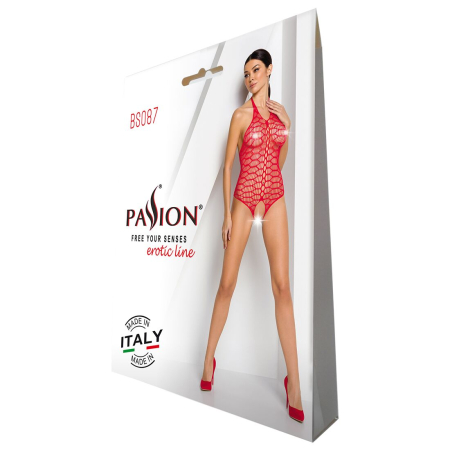 Бодістокінг у велику сітку Passion BS087 red, відкрита спина, халтер, з доступом - фото №6
