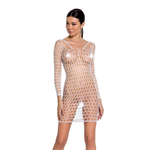 Бодістокінг-сукня з глибоким коміром Passion BS093 white, довгі рукави - фото