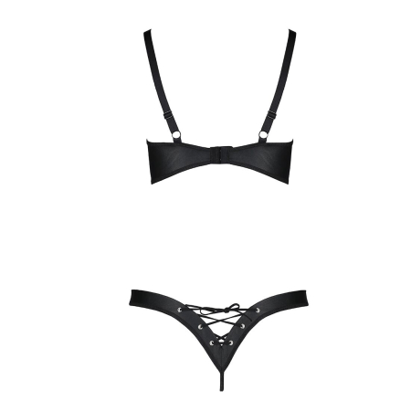 Комплект з екошкіри Passion CELINE BIKINI L/XL black, відкритий бра зі стрічками, стрінги - фото №4