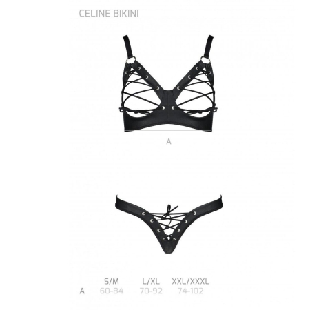 Комплект з екошкіри Passion CELINE BIKINI L/XL black, відкритий бра зі стрічками, стрінги - фото №5