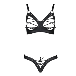 Комплект Passion CELINE BIKINI 2XL/3XL black відкритий бра з стрічками стрінги з шнурівкою, екошкіра - - фото №3