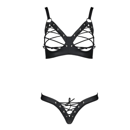 Комплект Passion CELINE BIKINI 2XL/3XL black відкритий бра з стрічками стрінги з шнурівкою, екошкіра №3