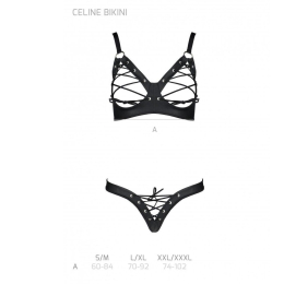 Комплект Passion CELINE BIKINI 2XL/3XL black відкритий бра з стрічками стрінги з шнурівкою, екошкіра - - фото №5
