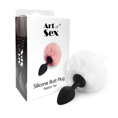 Силіконова анальна пробка М Art of Sex - Silicone Bunny Tails Butt plug White, діаметр 3,5 см - фото №3