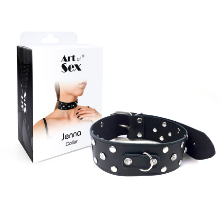 Нашийник з натуральної шкіри із заклепками та стразами Art of Sex - Jenna Collar, Чорний - фото №3