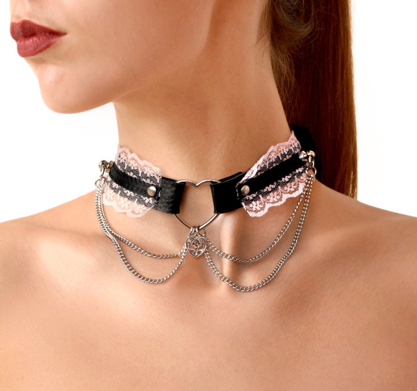 Сексуальний чокер Art of Sex - Karen з натуральної шкіри, Чорно-рожевий - фото