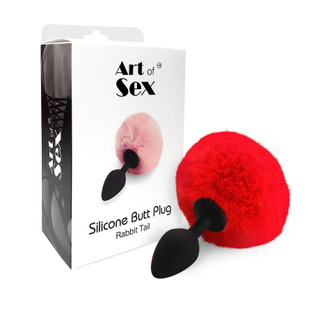 Силіконова анальна пробка М Art of Sex - Silicone Bunny Tails Butt plug Red, діаметр 3,5 см - фото №3
