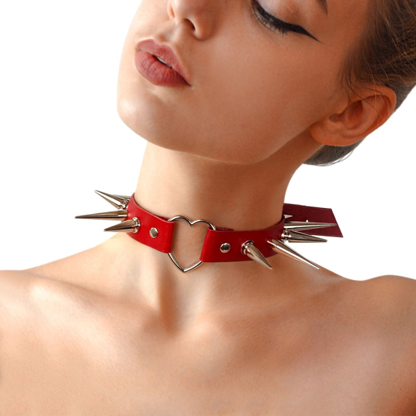 Чокер серце з великими шипами, із натуральної шкіри Art of Sex - Crystal, колір Червоний - фото
