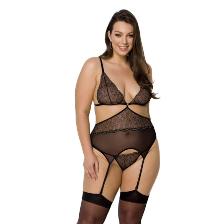 Корсет із пажами Passion AMBERLY CORSET 6XL/7XL, black, асиметричний крій, мережива, стрінги - фото