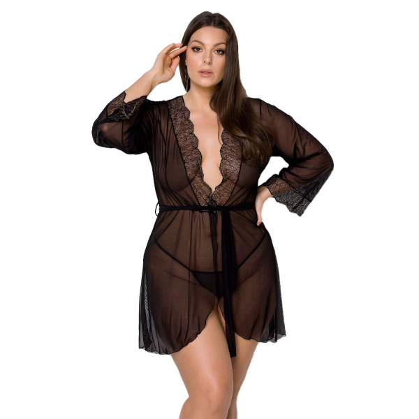 Пеньюар Passion AMBERLY PEIGNOIR 6XL/7XL, black, ажурні декольте та манжети, широкі рукави 