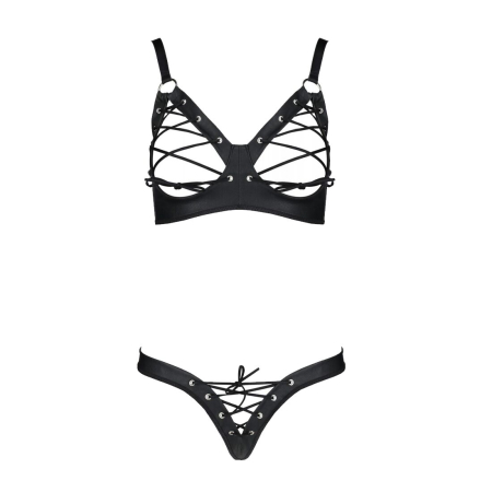 Комплект з екошкіри Passion CELINE BIKINI 6XL/7XL black, відкритий бра, стрінги зі шнурівкою №3