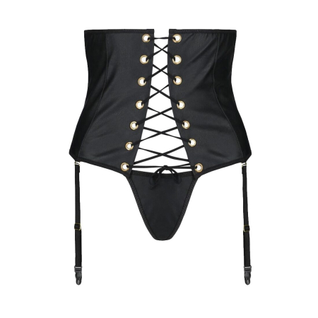 Пояс-корсет з екошкіри Passion CELINE SET with Open Bra 6XL/7XL, black, шнурівка, пажі, стрінги - фото №3