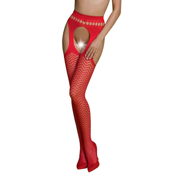 Еротичні колготки-бодістокінг Passion ECO S002 red, з доступом, геометричне плетіння - фото