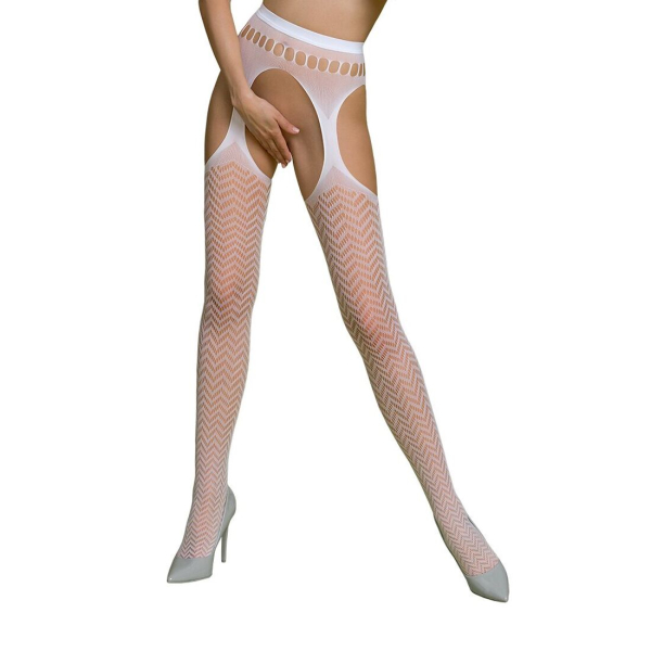 Еротичні колготки-бодістокінг Passion ECO S002 white, з доступом, геометричне плетіння - фото