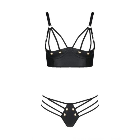 Комплект з екошкіри Passion MALWIA BIKINI 4XL/5XL black, з люверсами та ремінцями, бра, трусики - фото №3