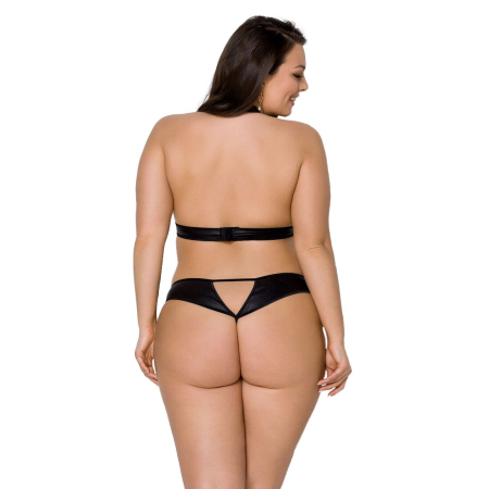 Комплект із екошкіри Passion MALWIA SET with Open Bra 4XL/5XL black, топ та трусики з люверсами - фото №2