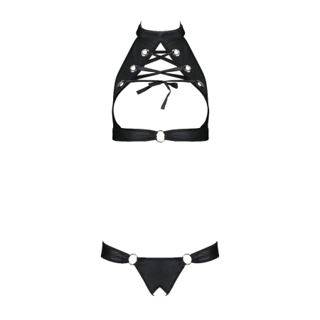 Комплект із екошкіри Passion MALWIA SET with Open Bra 4XL/5XL black, топ та трусики з люверсами - фото №3