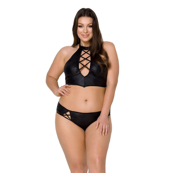 Комплект з екошкіри Passion NANACY BIKINI 6XL/7XL black, бра та трусики з імітацією шнурівки - фото