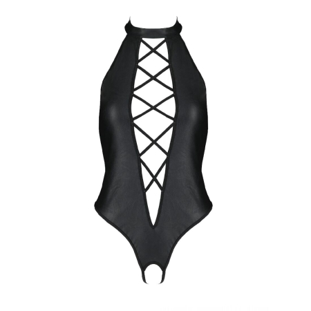 Боді з екошкіри Passion NANCY BODY 4XL/5XL black, з імітацією шнурівки та відкритим доступом №3