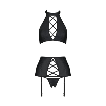 Комплект з екошкіри Passion NANCY SET 4XL/5XL black, імітація шнурівки, топ, пояс для панчіх - фото №3