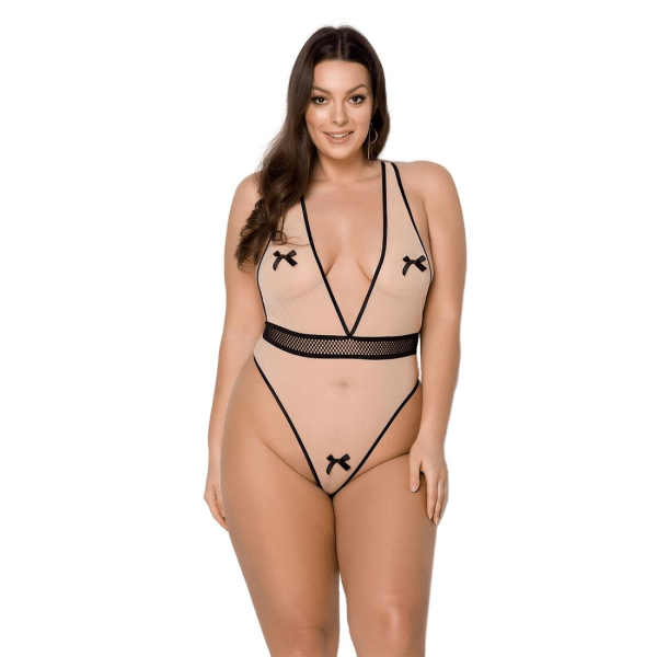 Боді Passion VIENA BODY 4XL/5XL, beige, контрастне, бантики, вставка-сітка, відкриті сідниці - фото