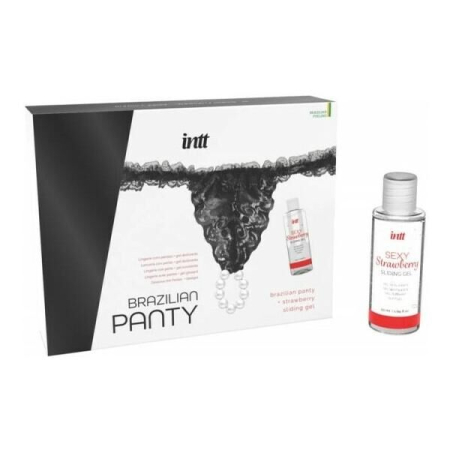 Набір Intt BRAZILIAN PANTY BLACK: трусики на резинці S-XL з перлинним кільцем + полунична змазка - фото №2