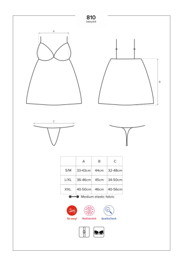 Сатиновий пеньюар із мереживом Obsessive 810-BAB-1 babydoll & thong S/M, чорний, пеньюар, танга №7