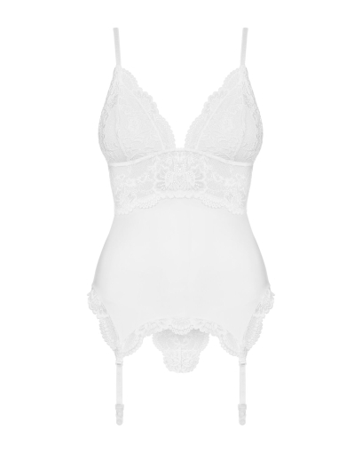 Сатиновий мереживний корсет Obsessive 810-COR-2 babydoll & thong S/M, білий, корсет, танга - фото №5