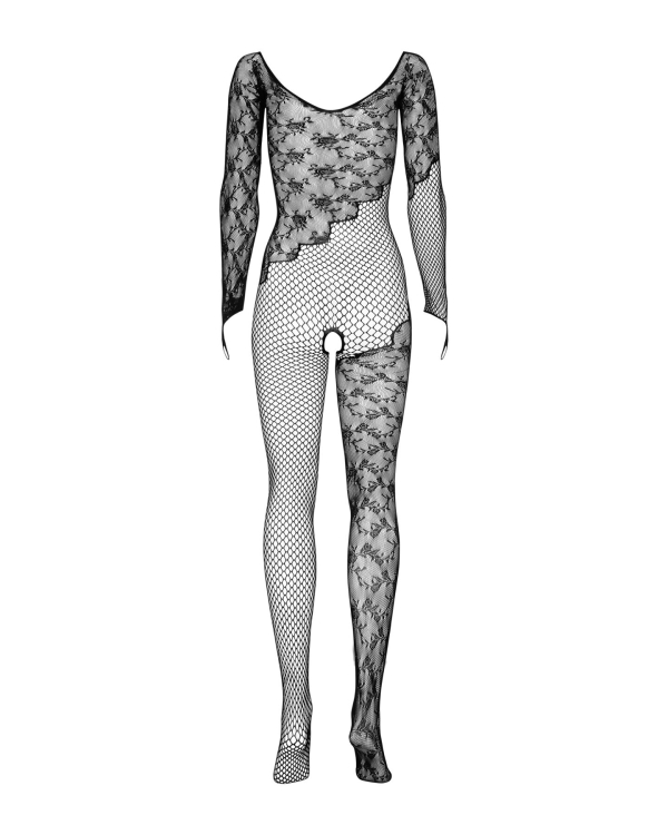 Бодістокінг Obsessive Bodystocking F210 S/M/L black, рукава-мітенки, сітка, кольорове мереживо - фото